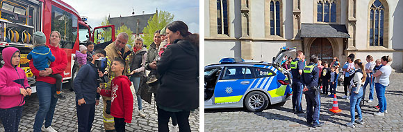 Bild 1: Spannende Einblicke in die Technik der Feuerwehr: Ein Feuerwehrmann erklärt den Kindern anschaulich die Funktion einer Wärmebildkamera | Bild 2: Große Neugier und leuchtende Augen: Die Polizei zu Besuch beim Mehrgenerationenhaus – ein Erlebnis für Klein und Groß (Fotos: Julia Sterlings, MGH)