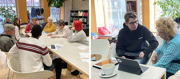 (Li.:) Die Schülerin Alina Wiegand im Austausch mit Teilnehmenden aller Generationen (Re.:) Der Schüler Nils Ullok gibt Seniorin Augusta Löffler Tipps für den Umgang mit ihrem Smartphone (Fotos: Hannah Baunacher/MGH)