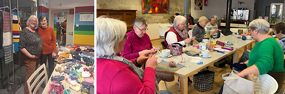 Bild 1: Susanna Manuth und Magda Müller von der MGH-Lichtstube verkaufen die selbstgestrickten Sachen beim Lichtstuben-Basar  Bild 2: Die freiwillig Engagierten der MGH-Lichtstube treffen sich jeden Mittwoch zum Stricken und Austauschen (Fotos: MGH Haßfurt)
