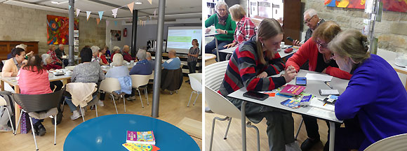 Bild 1: Verena Schiller vom BiZ Haßfurt erklärt Grundwissen im Internet im vollbesetzten Digital-Café im Mehrgenerationenhaus Haßfurt | Bild 2: Die freiwillig engagierte Techniklotsin Janna Pickel unterstützt bei Anliegen am Smartphone (Fotos: MGH Haßfurt)