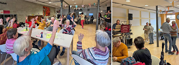 Bild 1: Erleben wie Musik verbindet: Volles Haus beim letzten Musikkaffee im Mehrgenerationenhaus Haßfurt. Bild 2: In entspannter Atmosphäre und bei guter Laune wird gemeinsam zur Live-Musik des „Pratschers“ getanzt. (Fotos: MGH Haßfurt)
