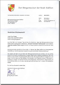 Glückwunschschreiben zur Preisverleihung - 1. Bürgermeister Günther Werner