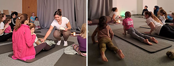 Foto 1: Die Eltern und Kinder machen in der ersten Yoga-Stunde eine Reise durch den Wald, dort entdecken sie Tiere, die sie in verschiedenen Yoga-Übungen darstellen z.B. die „Schlange“ | Foto 2: Die Yoga-Leiterin verteilt an die Kinder und Eltern einen kleinen Schatz, der sie an die Yoga-Stunde erinnert (Fotos: Jennifer Nüßlein, Projektmitarbeiterin, Mehrgenerationenhaus)